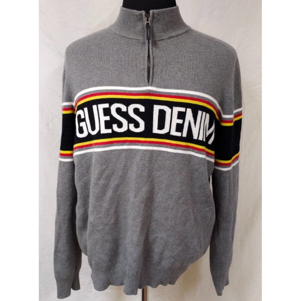 Guess Los Angeles Denim Mens Large Grey Spellout 1/4 Zip Cotton Sweater